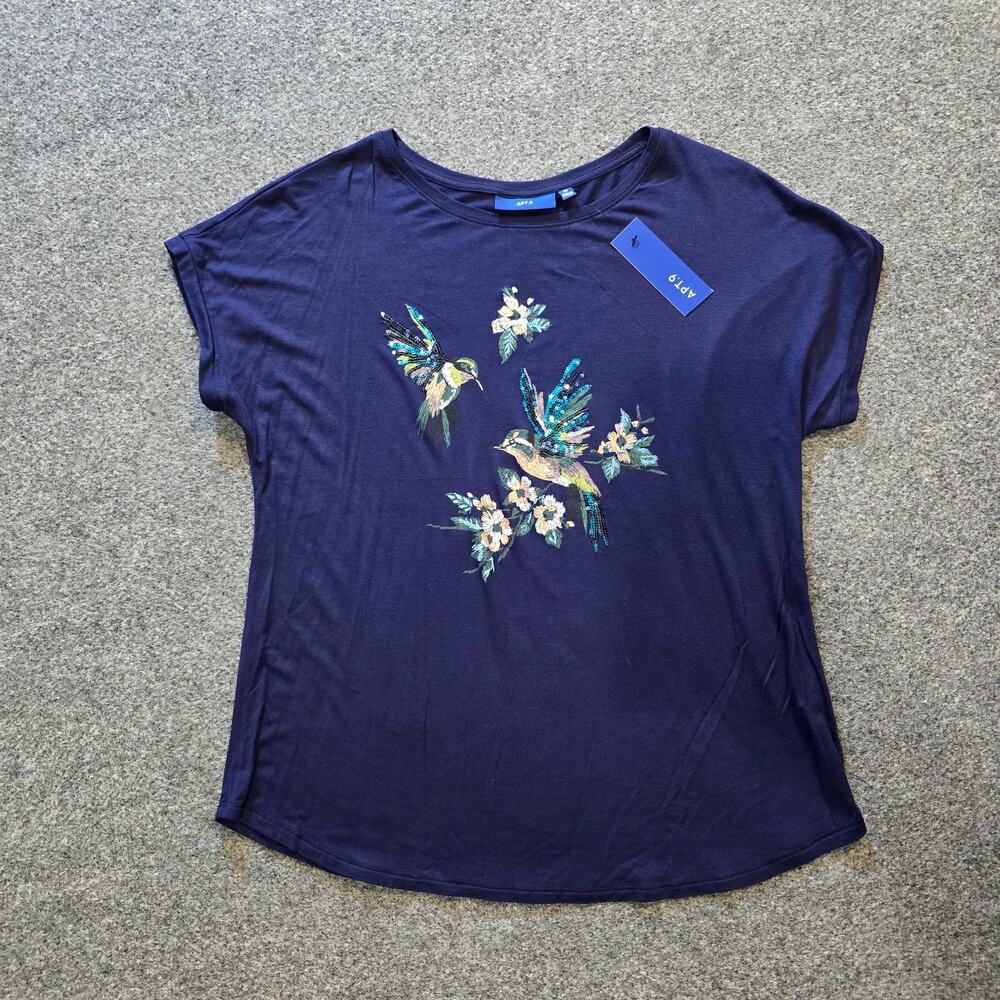 APT 9 Top Womens Size Medium Blue Hummingbirds Sequins Short Sleeve Soft Casual